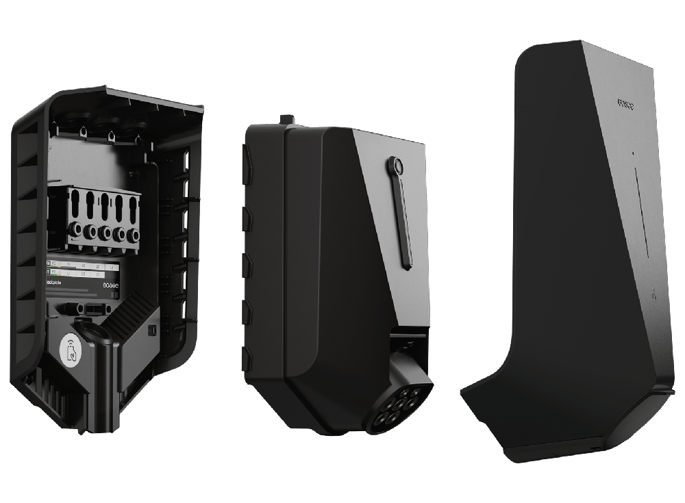 Three angled views of black Easee EV charger including internal components, side profile, and front design